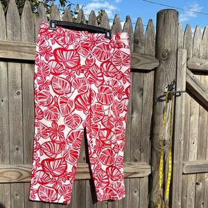Talbots size 18 white cotton pants with red leaf design.